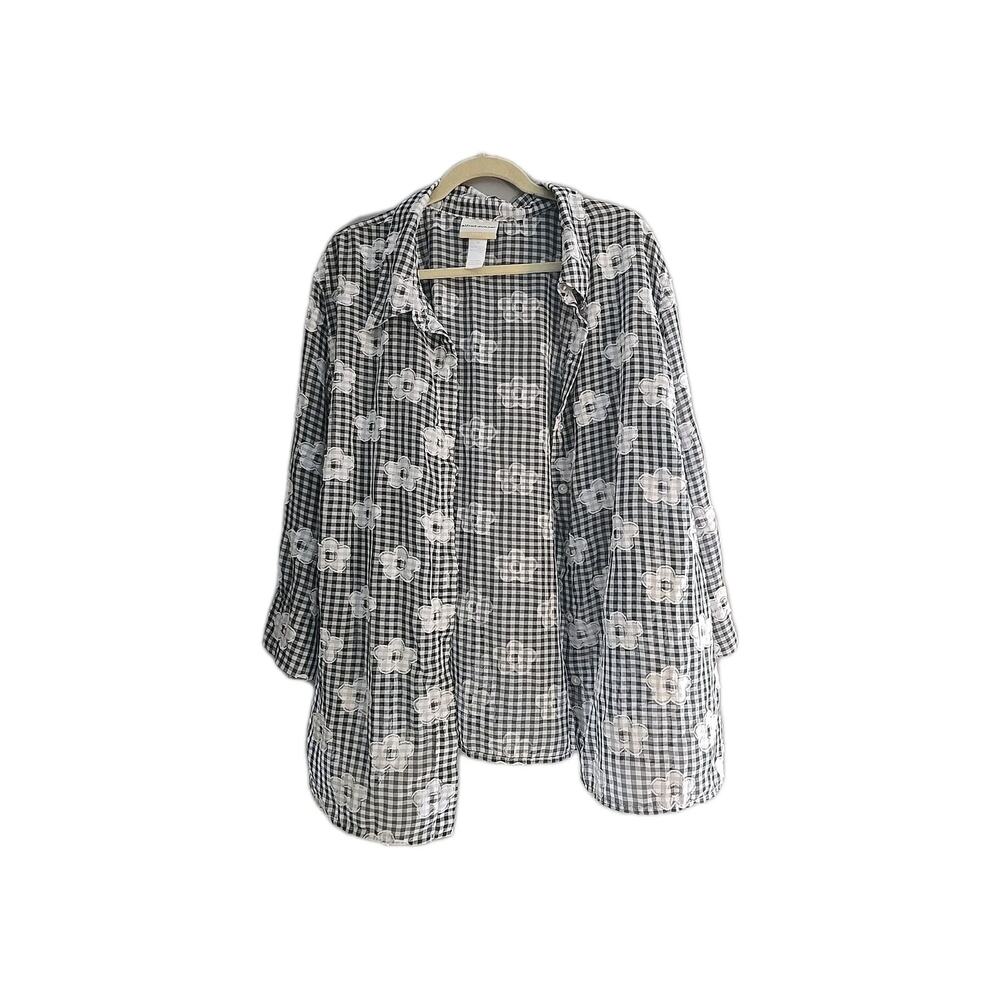 Alfred Dunner Y2K Black Gingham Floral Preppy Button Down Shirt Womans Size 3X